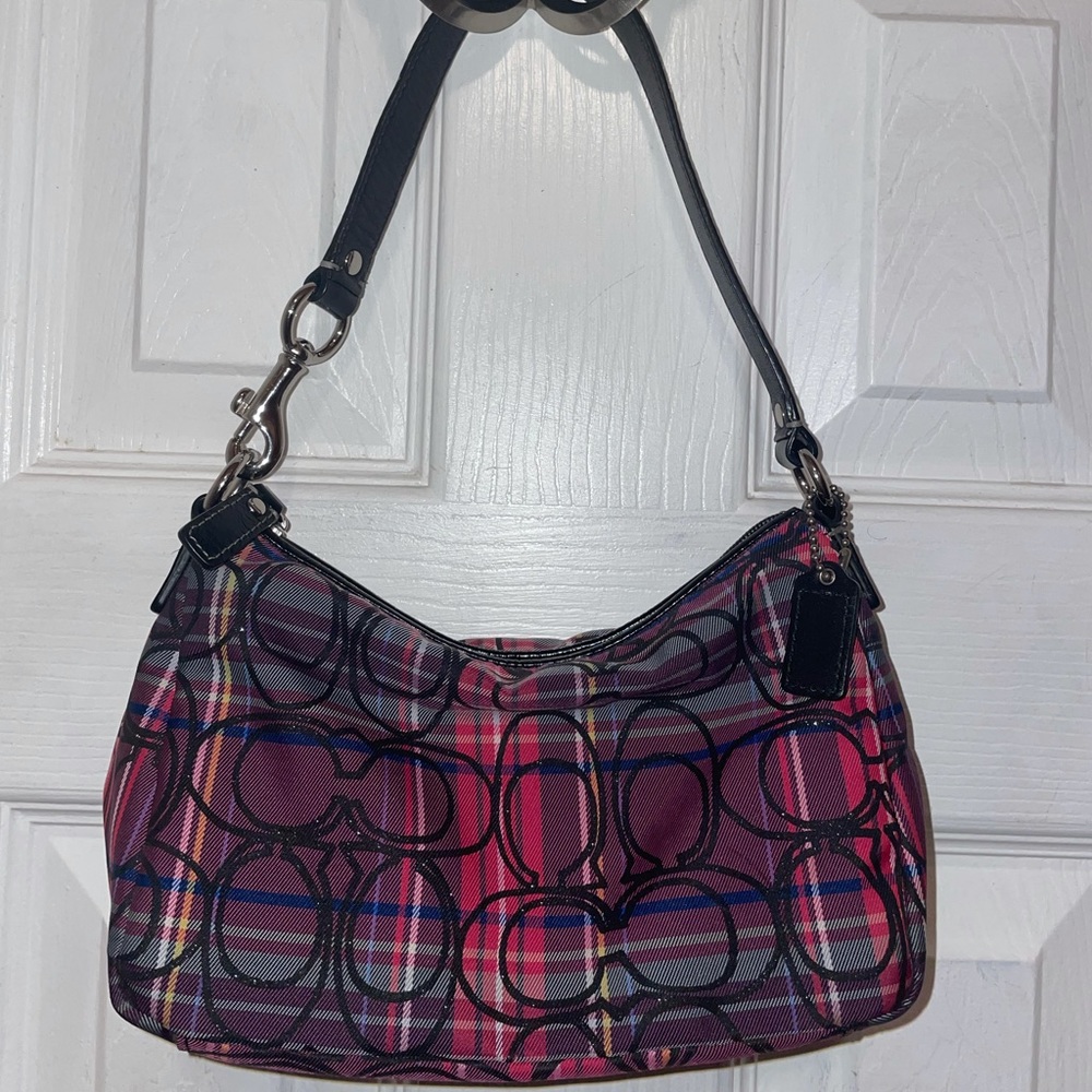 Coach | Tartan Glitter Top Handle Mini Purse Plaid Pink Purple Canvas Baguette
